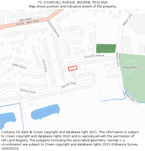 75, CHURCHILL AVENUE, BOURNE, PE10 9QA: Location map and indicative extent of plot