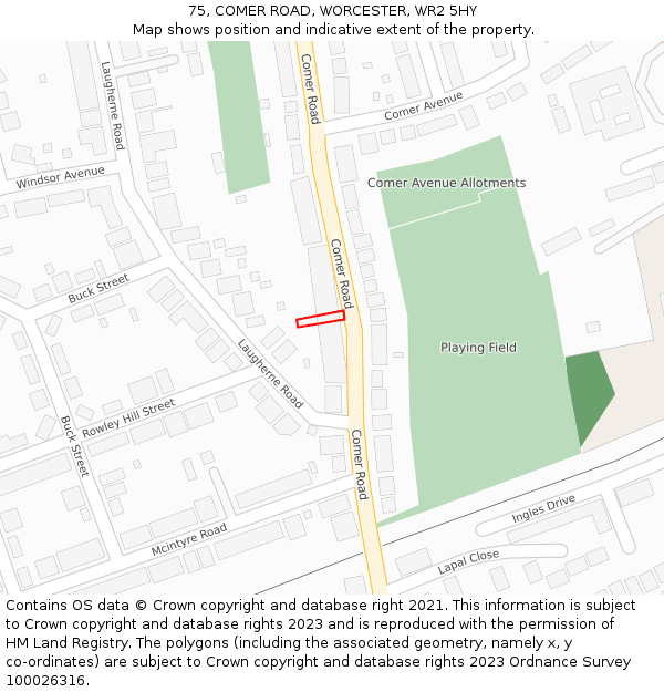 75, COMER ROAD, WORCESTER, WR2 5HY: Location map and indicative extent of plot