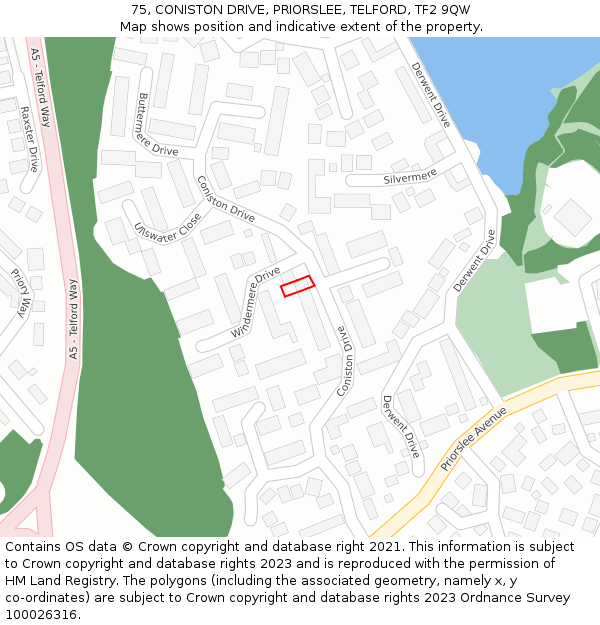 75, CONISTON DRIVE, PRIORSLEE, TELFORD, TF2 9QW: Location map and indicative extent of plot