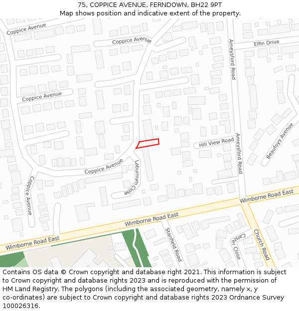 75, COPPICE AVENUE, FERNDOWN, BH22 9PT: Location map and indicative extent of plot