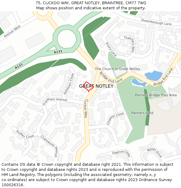 75, CUCKOO WAY, GREAT NOTLEY, BRAINTREE, CM77 7WG: Location map and indicative extent of plot