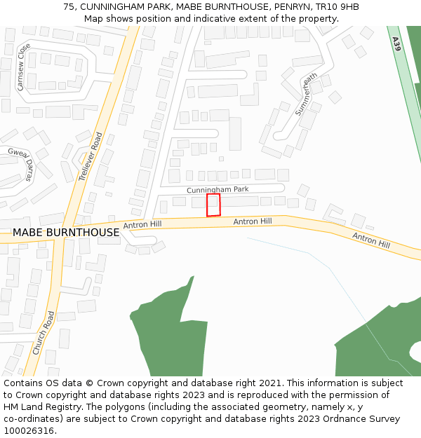 75, CUNNINGHAM PARK, MABE BURNTHOUSE, PENRYN, TR10 9HB: Location map and indicative extent of plot