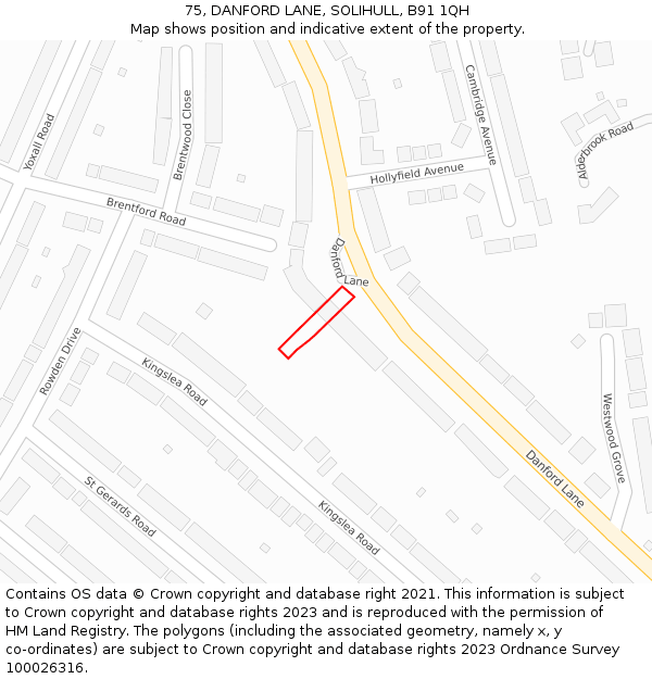 75, DANFORD LANE, SOLIHULL, B91 1QH: Location map and indicative extent of plot