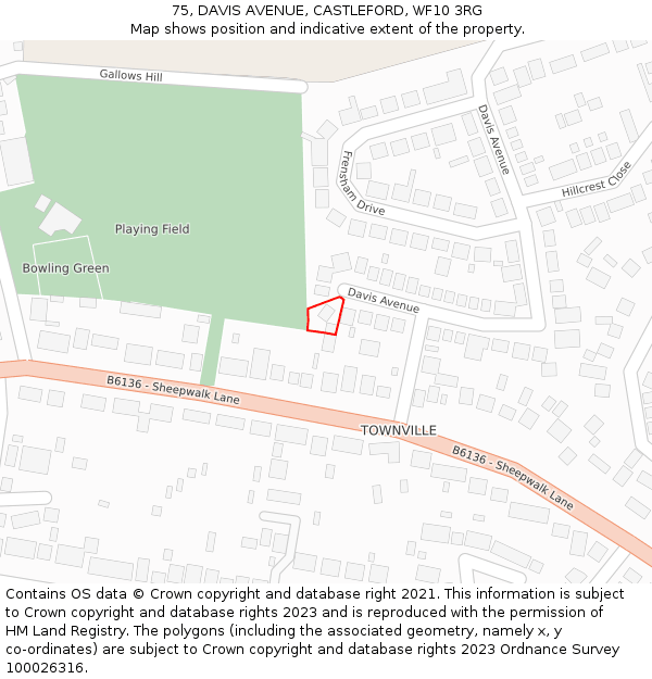 75, DAVIS AVENUE, CASTLEFORD, WF10 3RG: Location map and indicative extent of plot