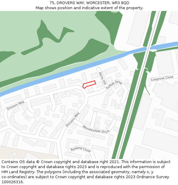75, DROVERS WAY, WORCESTER, WR3 8QD: Location map and indicative extent of plot