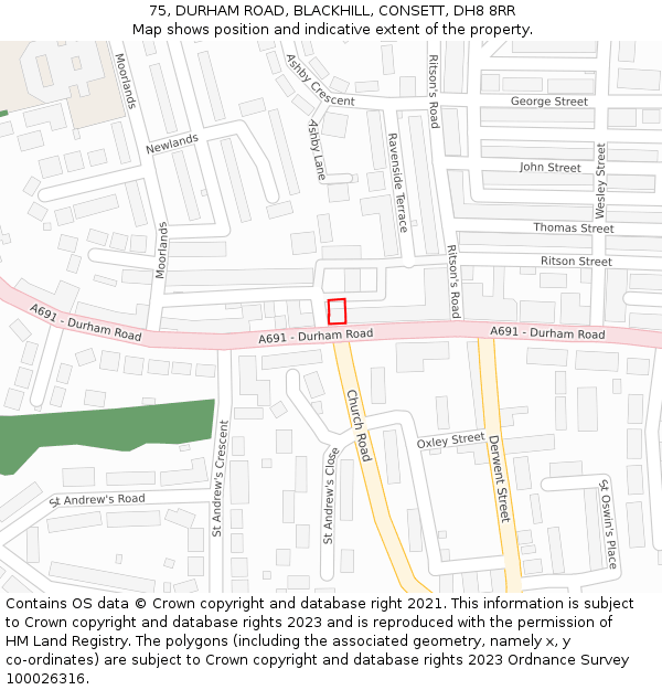 75, DURHAM ROAD, BLACKHILL, CONSETT, DH8 8RR: Location map and indicative extent of plot