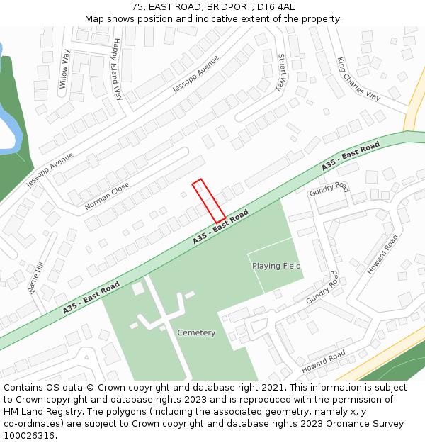 75, EAST ROAD, BRIDPORT, DT6 4AL: Location map and indicative extent of plot