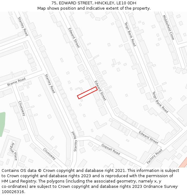 75, EDWARD STREET, HINCKLEY, LE10 0DH: Location map and indicative extent of plot