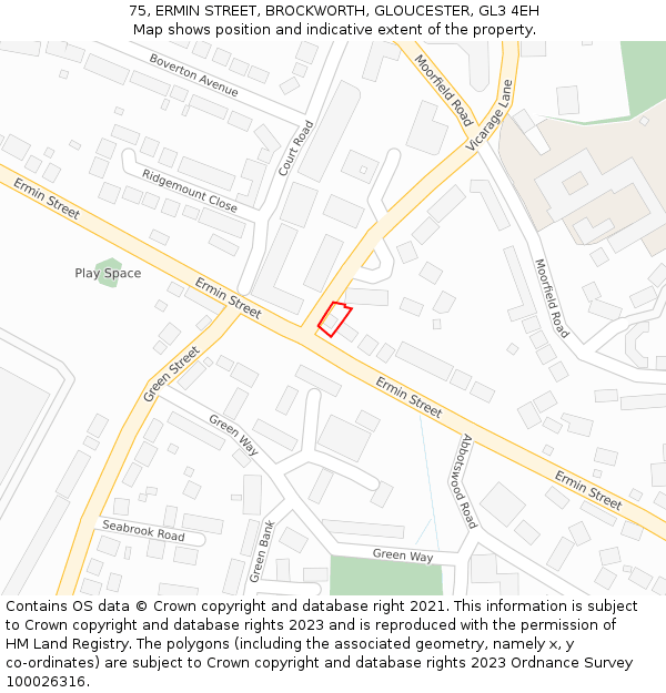75, ERMIN STREET, BROCKWORTH, GLOUCESTER, GL3 4EH: Location map and indicative extent of plot