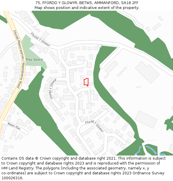 75, FFORDD Y GLOWYR, BETWS, AMMANFORD, SA18 2FF: Location map and indicative extent of plot