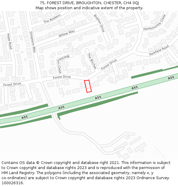 75, FOREST DRIVE, BROUGHTON, CHESTER, CH4 0QJ: Location map and indicative extent of plot