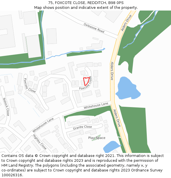 75, FOXCOTE CLOSE, REDDITCH, B98 0PS: Location map and indicative extent of plot