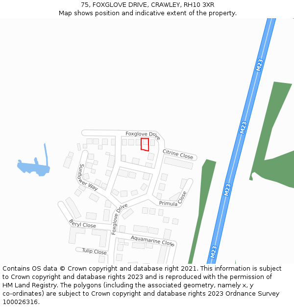 75, FOXGLOVE DRIVE, CRAWLEY, RH10 3XR: Location map and indicative extent of plot
