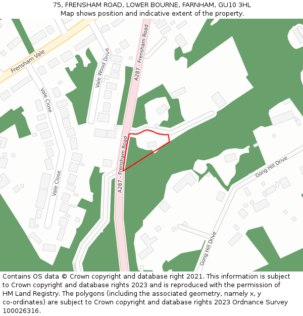 75, FRENSHAM ROAD, LOWER BOURNE, FARNHAM, GU10 3HL: Location map and indicative extent of plot