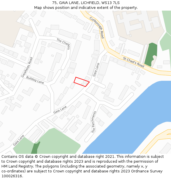 75, GAIA LANE, LICHFIELD, WS13 7LS: Location map and indicative extent of plot