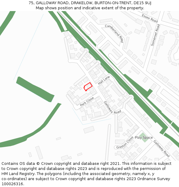 75, GALLOWAY ROAD, DRAKELOW, BURTON-ON-TRENT, DE15 9UJ: Location map and indicative extent of plot