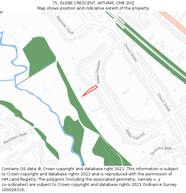 75, GLEBE CRESCENT, WITHAM, CM8 2HZ: Location map and indicative extent of plot