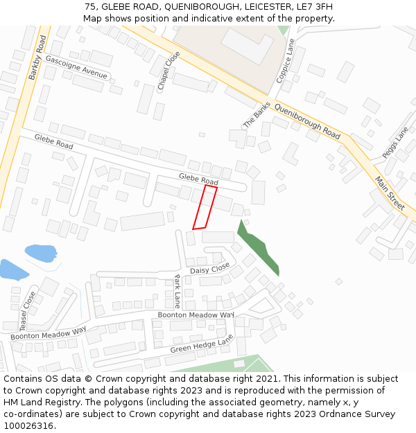 75, GLEBE ROAD, QUENIBOROUGH, LEICESTER, LE7 3FH: Location map and indicative extent of plot