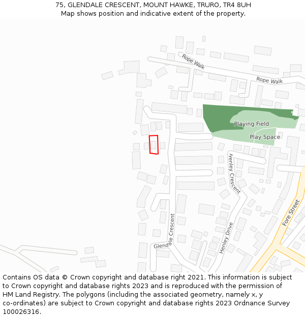 75, GLENDALE CRESCENT, MOUNT HAWKE, TRURO, TR4 8UH: Location map and indicative extent of plot