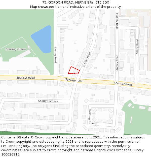 75, GORDON ROAD, HERNE BAY, CT6 5QX: Location map and indicative extent of plot