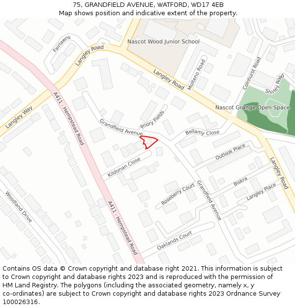 75, GRANDFIELD AVENUE, WATFORD, WD17 4EB: Location map and indicative extent of plot