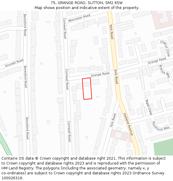 75, GRANGE ROAD, SUTTON, SM2 6SW: Location map and indicative extent of plot