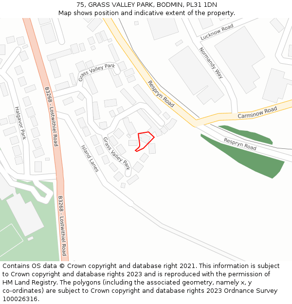 75, GRASS VALLEY PARK, BODMIN, PL31 1DN: Location map and indicative extent of plot