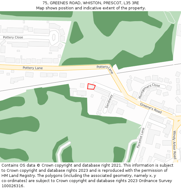 75, GREENES ROAD, WHISTON, PRESCOT, L35 3RE: Location map and indicative extent of plot