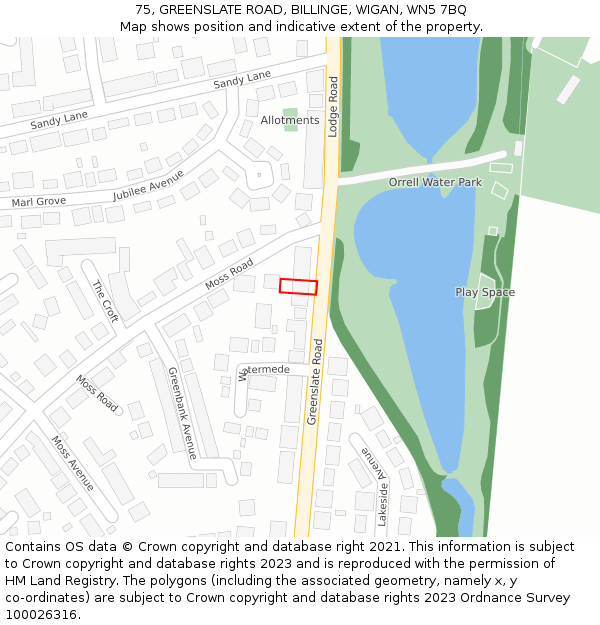 75, GREENSLATE ROAD, BILLINGE, WIGAN, WN5 7BQ: Location map and indicative extent of plot