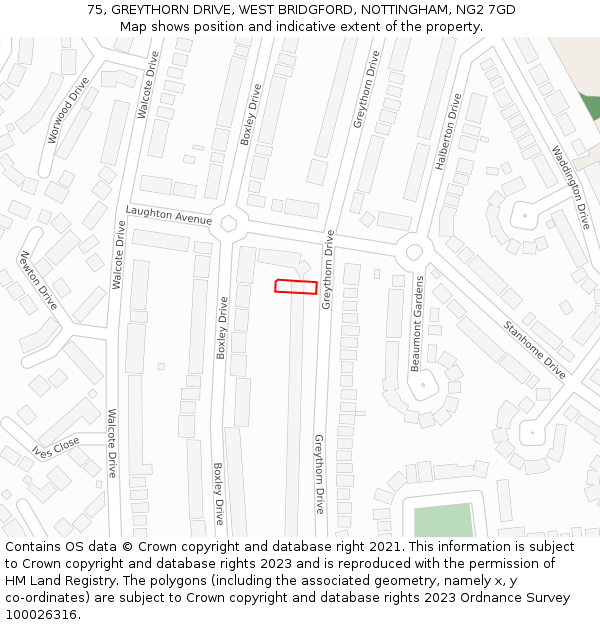 75, GREYTHORN DRIVE, WEST BRIDGFORD, NOTTINGHAM, NG2 7GD: Location map and indicative extent of plot