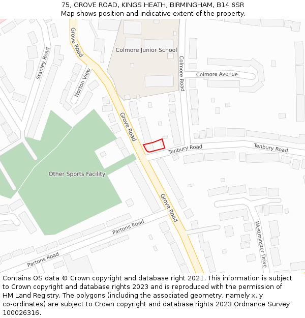 75, GROVE ROAD, KINGS HEATH, BIRMINGHAM, B14 6SR: Location map and indicative extent of plot