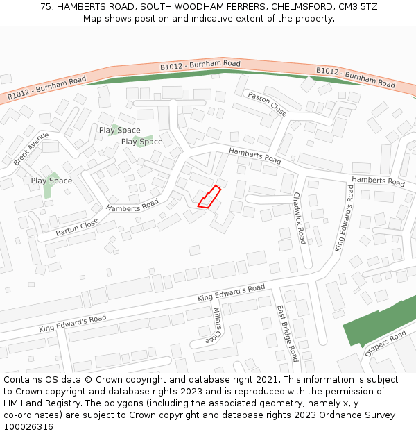 75, HAMBERTS ROAD, SOUTH WOODHAM FERRERS, CHELMSFORD, CM3 5TZ: Location map and indicative extent of plot