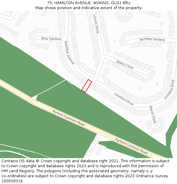 75, HAMILTON AVENUE, WOKING, GU22 8RU: Location map and indicative extent of plot