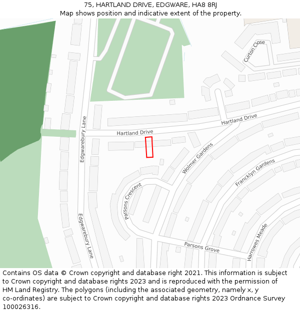 75, HARTLAND DRIVE, EDGWARE, HA8 8RJ: Location map and indicative extent of plot