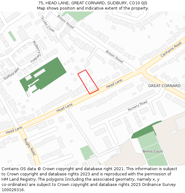 75, HEAD LANE, GREAT CORNARD, SUDBURY, CO10 0JS: Location map and indicative extent of plot