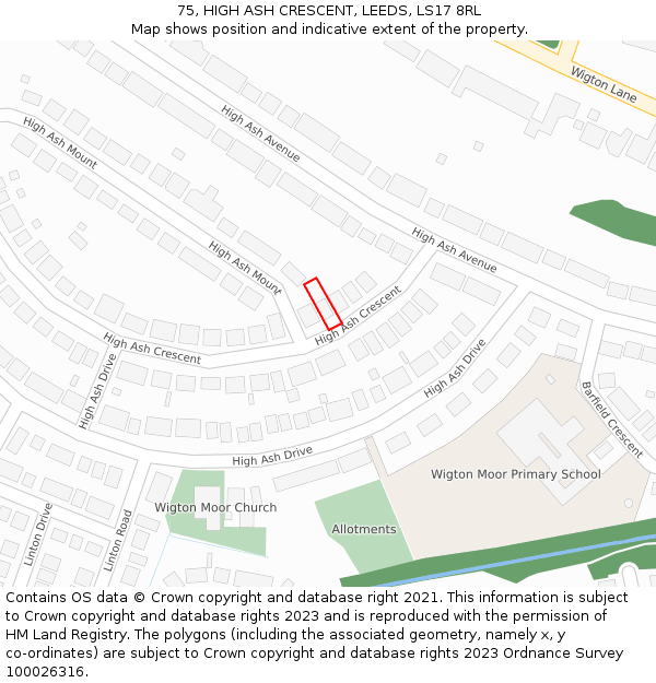 75, HIGH ASH CRESCENT, LEEDS, LS17 8RL: Location map and indicative extent of plot