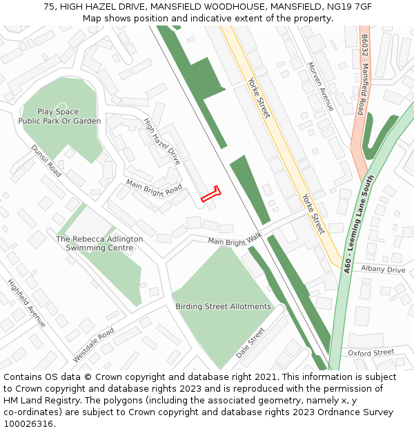 75, HIGH HAZEL DRIVE, MANSFIELD WOODHOUSE, MANSFIELD, NG19 7GF: Location map and indicative extent of plot