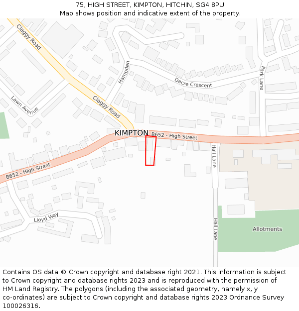 75, HIGH STREET, KIMPTON, HITCHIN, SG4 8PU: Location map and indicative extent of plot