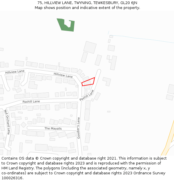 75, HILLVIEW LANE, TWYNING, TEWKESBURY, GL20 6JN: Location map and indicative extent of plot