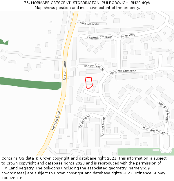 75, HORMARE CRESCENT, STORRINGTON, PULBOROUGH, RH20 4QW: Location map and indicative extent of plot