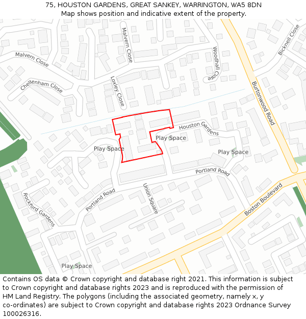 75, HOUSTON GARDENS, GREAT SANKEY, WARRINGTON, WA5 8DN: Location map and indicative extent of plot