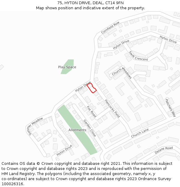 75, HYTON DRIVE, DEAL, CT14 9FN: Location map and indicative extent of plot