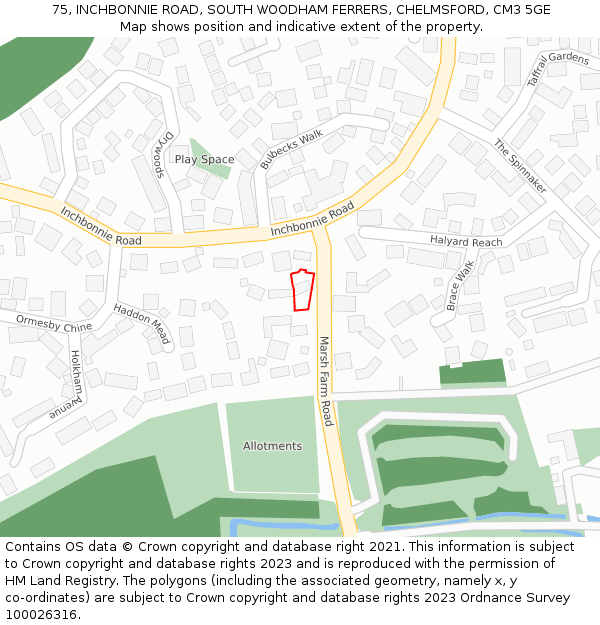 75, INCHBONNIE ROAD, SOUTH WOODHAM FERRERS, CHELMSFORD, CM3 5GE: Location map and indicative extent of plot