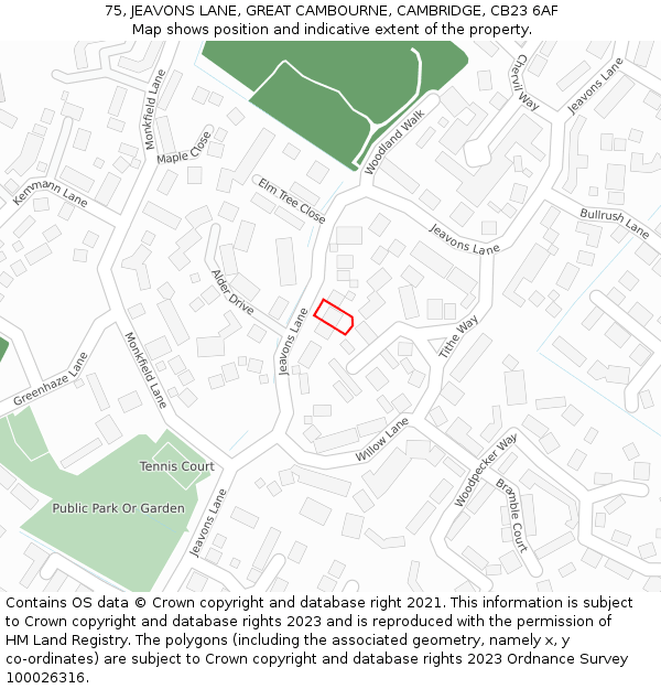 75, JEAVONS LANE, GREAT CAMBOURNE, CAMBRIDGE, CB23 6AF: Location map and indicative extent of plot