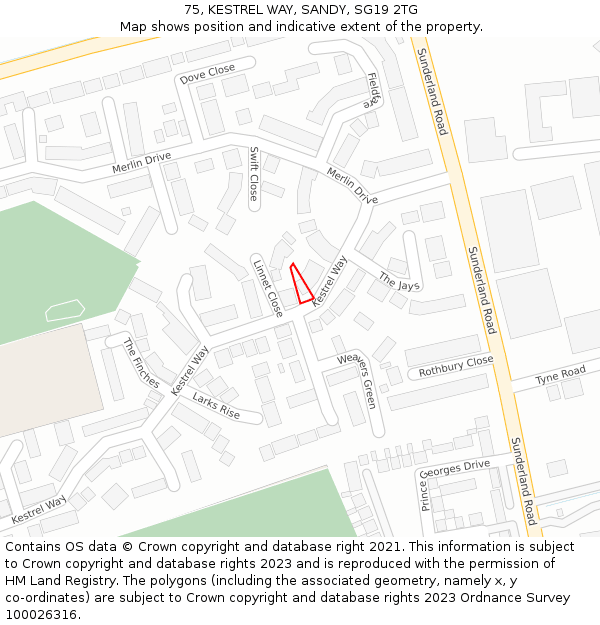 75, KESTREL WAY, SANDY, SG19 2TG: Location map and indicative extent of plot