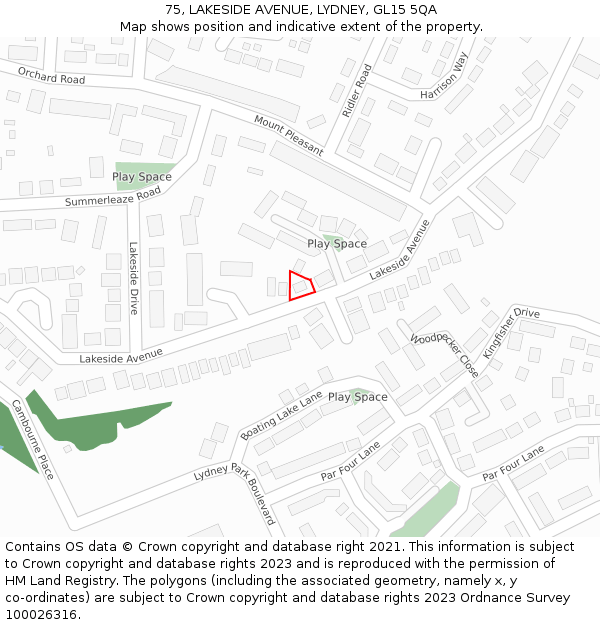 75, LAKESIDE AVENUE, LYDNEY, GL15 5QA: Location map and indicative extent of plot