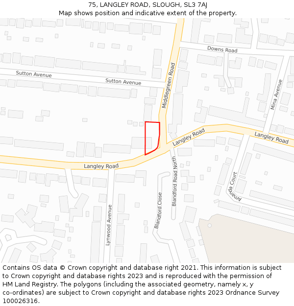 75, LANGLEY ROAD, SLOUGH, SL3 7AJ: Location map and indicative extent of plot