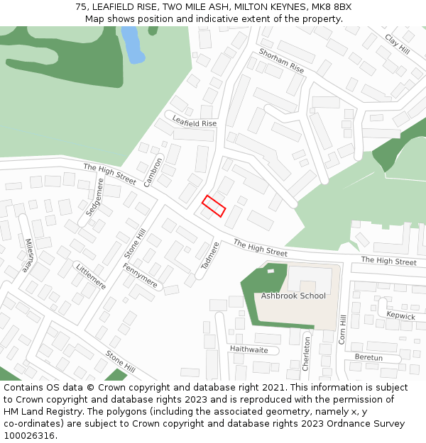 75, LEAFIELD RISE, TWO MILE ASH, MILTON KEYNES, MK8 8BX: Location map and indicative extent of plot