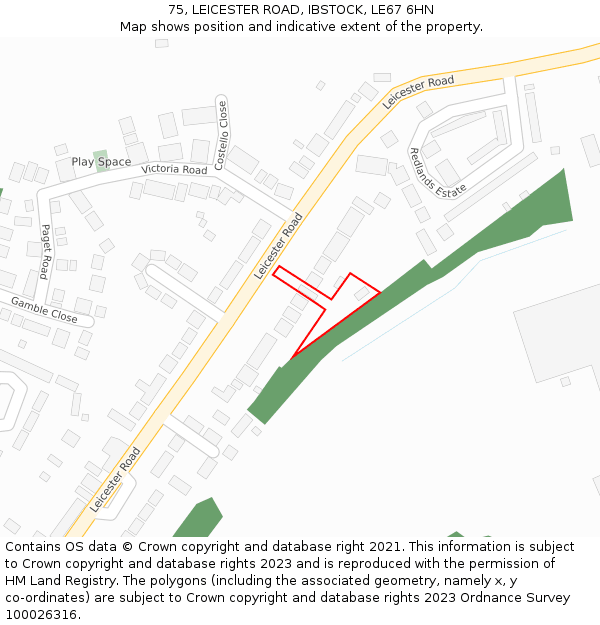 75, LEICESTER ROAD, IBSTOCK, LE67 6HN: Location map and indicative extent of plot