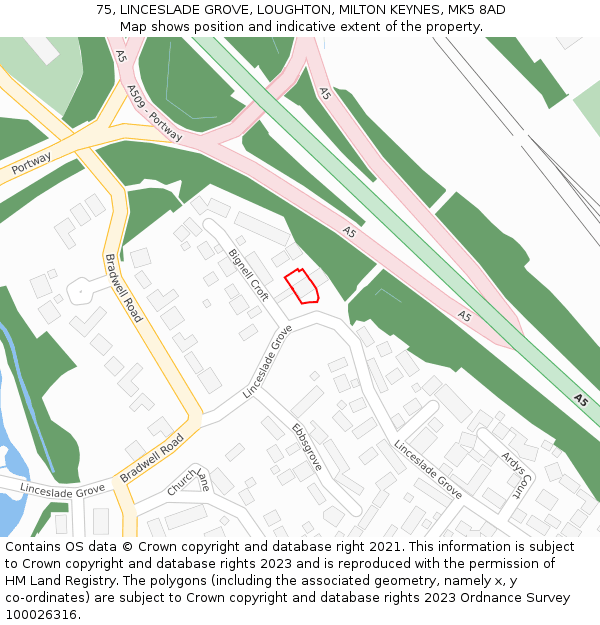 75, LINCESLADE GROVE, LOUGHTON, MILTON KEYNES, MK5 8AD: Location map and indicative extent of plot